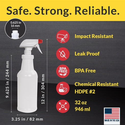Pinnacle Mercantile 32 oz Plastic Spray Bottles, Leak Proof Technology, Empty Pack of 3, Made in USA