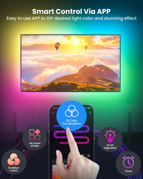 9.84ft 32-43 Inch 44 LED Lights for TV, RGB+IC TV Lights Backlight Strip Behind, with Scene Modes, Bluetooth APP