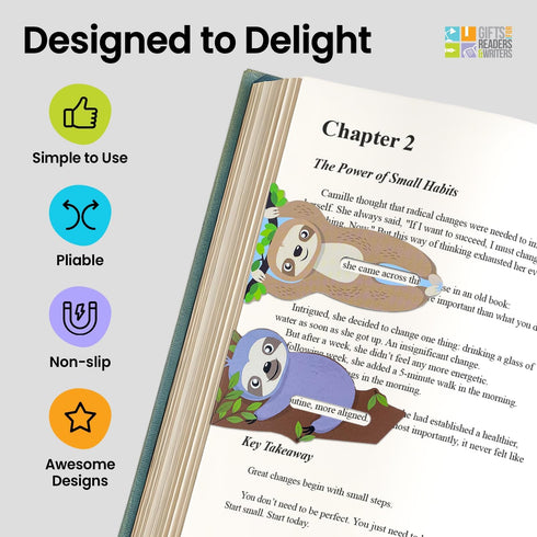 Linemarker Page Marker - Magnetic Bookmarks Set of 2, Book Holder Clip for Reading, Gift Idea for Book Lovers (Sloth)