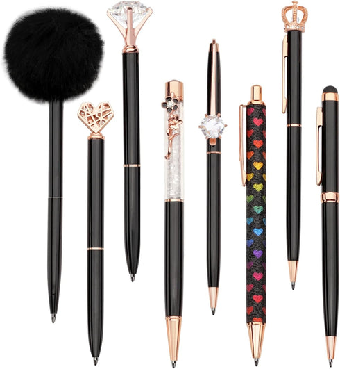 WEMATE 8Pcs Ballpoint Pens Set, Metal Crystal Diamond Glitter Pens for Journaling, Black & Blue Ink