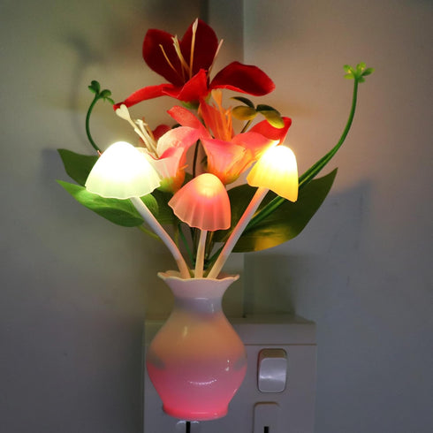 AUSAYE Plug-in Night Light with Auto Light Sensor,RGB LED Mushroom Night Light Wall Red Lily Flower Lamp for Adults