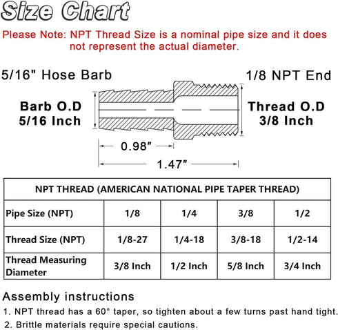 KOOTANS 4pcs Brass Hose Barb Fittings, 5/16" Hose Barb to 1/8 NPT Male Thread Air Hose Quick Coupler