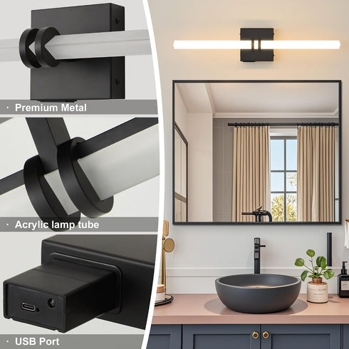 1Pack, Dimmable 22 Inch 3000K-6000K Battery Operated Wall Sconce Black Rechargeable Wall Lights with Remote Control