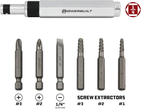 Powerbuilt - 7 Pc. Mini Impact Driver & Extractor Set, Hand Tools, Bit Drivers & Bits, Bit Drivers - Multi-In-One (647767), Silver by Powerbuilt