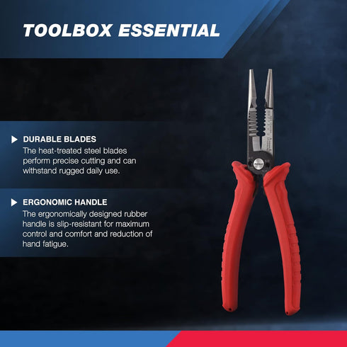 NEIKO 02038A 6-in-1 Wire Service Tool, 8-1/2" Length Gripper, Crimper, Stripper, Cutter, Extractor, Electrician Pliers
