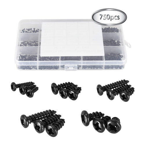 750 Pcs Small/Micro/Tiny/Mini Self-Tapping Screws - M1.7-M3 Phillips Pan Head, Cross Recessed, Carbon Steel (Black)