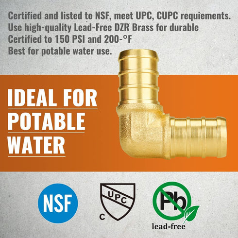 SUNGATOR 1/2 Inch 90 Degree Elbow PEX Fittings, No Lead Brass Crimp for Plumbing Jobs (12-Pack)