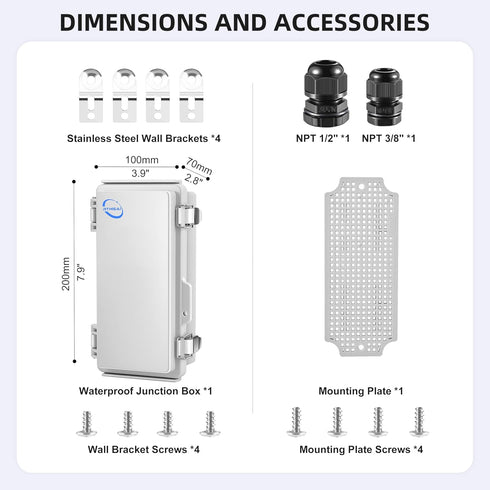 Waterproof Outdoor IP67 Junction Box (7.9"x3.9"x2.8") with Hinged Grey Cover, Wall Brackets, Weatherproof ABS Plastic