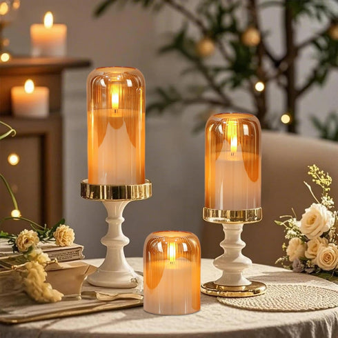 3D Decor(3Pcs, D3H4/5"/6") Eldnacele Gold Glass Flameless Candles with Remote and Timer, Battery Operated Wick