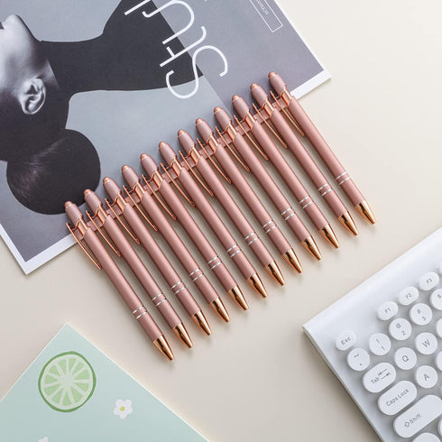 PASISIBICK 12 Pieces Rose Gold Ballpoint Pen with Stylus Tip, 2 in 1 Stylish Metal Pens for Touch Screens, 1.0 mm Black