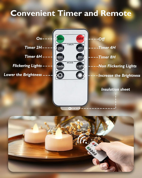 Remote Candles, 12PCS Flameless Tea Light Candles, Battery Operated with Timer, 400+ Hours LED Votive Decor