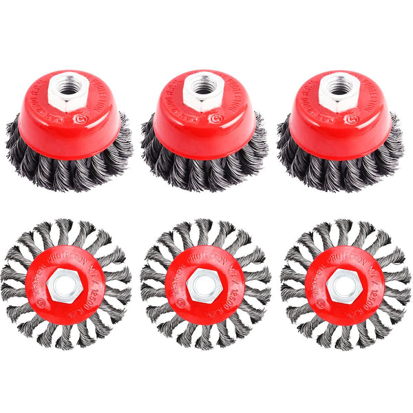 6 Pack Wire Wheel Brush Set for 4 1/2 Angle Grinder, 4 Inch Knotted Coarse Crimped Wheels & 3 Inch Cup Brush