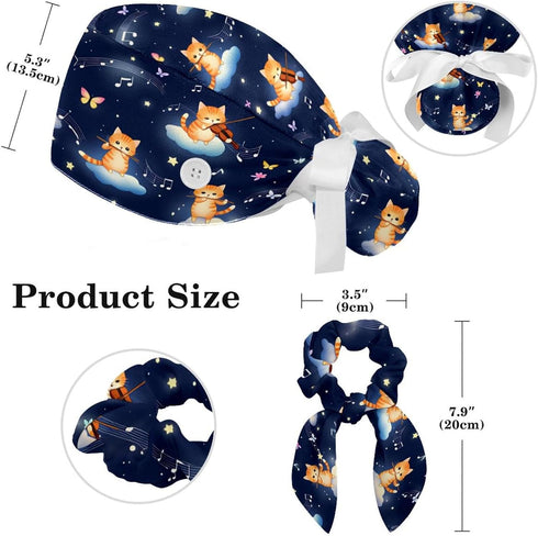 Scrub Caps Women Nursing Hats Lovely Cat with Buttons Ponytail Working Adjustable Pouch Tie Back