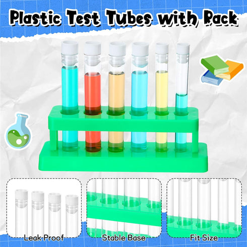 2 Sets Test Tubes with Rack Clear Plastic Test Tubes with Caps and 6 Holes Holder Rack Nurse Party Decorations Shot Tubes for Scientific Experiments Party Favors Candy (Removable,Green)