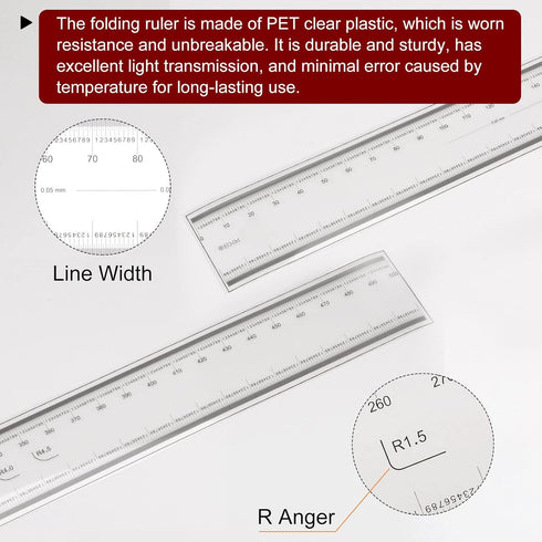 Film Flexible Ruler 50cm 0.1mm Scale, Transparent PET Plastic Folding Calibration Measuring Tool