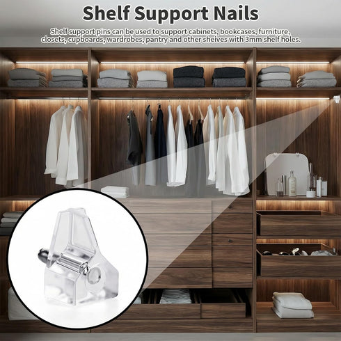 Sorcristy 20pcs 1/8 Inch (3mm) 3mm Shelf Support Pegs, Clear Plastic Shelf Pins for Small Holes Only, Cabinet Shelfs