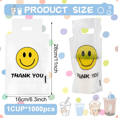1000 Count 1 Packaging 11 6.3 Inch Whaline Thank You Handle Drink Bags Cup Smile Face Plastic Poly Bag Carriers