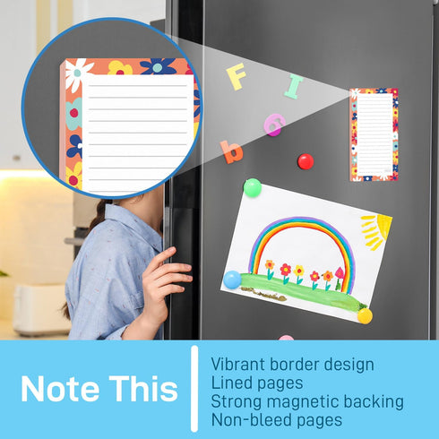 S&O Magnetic Notepads for Refrigerator, 4 Pack Fun Floral Note Pads, 3.5” x 7”, 45 Pages Each