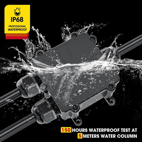 IP68 Waterproof Junction Box, 3-Way Outdoor Cable Connectors with 3 Cable M25 Gland Wire Connector, Black