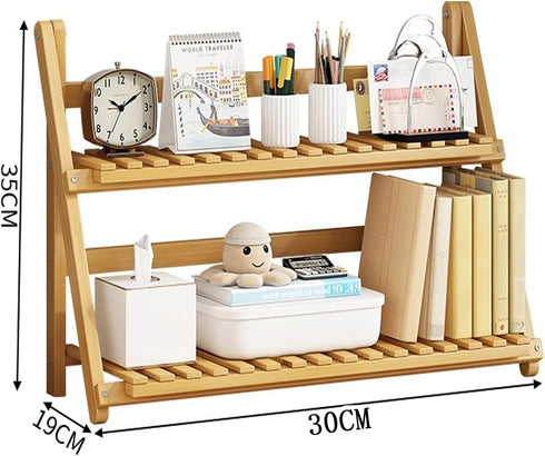 YANQINQIN 11.8" 7.5" 13.8" 2-Tier Bamboo Double-Layer Storage Shelf - L x W x H, Foldable Wooden Ladder Shelves