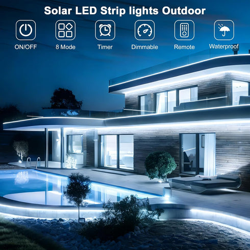 20ft 336LED 8 Solar Led Strip Lights Outdoor, Solar Rope Lights Self-Adhesive Waterproof, Mode with Remote Timer