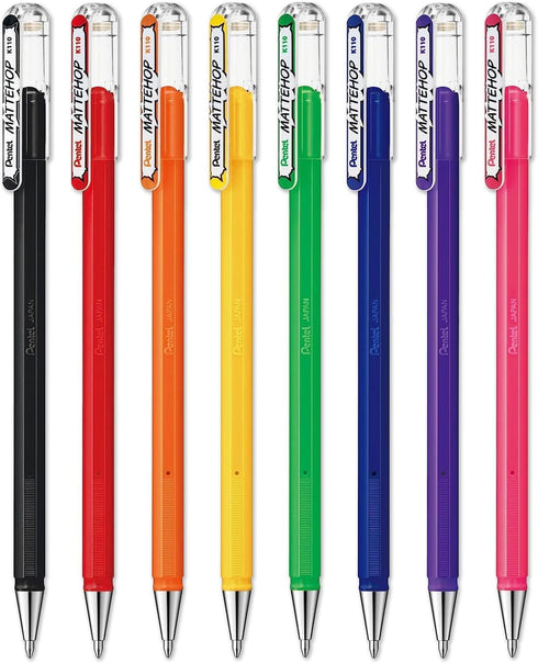 Pentel Mattehop - Liquid Gel Rollerball Pens, K110-1.0mm Nib, Pack of 8, One of Each Colour
