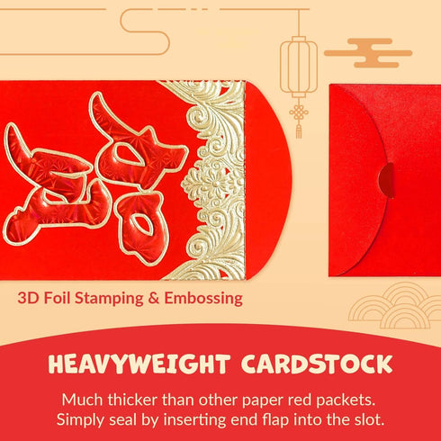 Chinese New Year Red Envelopes - 24-Count, Hong Bao with Gold and Red Foil Design, Gift Money Envelopes, 4 Designs.