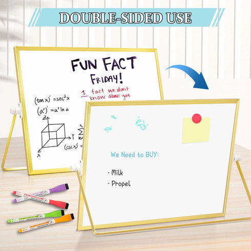 Magnetic Dry Erase White Board, 16" x 12" Double-Sided with Golden Aluminum Frame, Portable Small Set