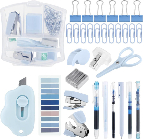 Mini Office Supply Kit, Includes Stapler, Tape Dispenser, Staple Remover, Paper Clips, Scissors, Note, Small Telescopic