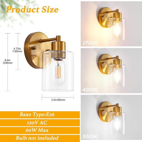 (2PACK) Brushed Gold Wall Sconce, Gold Vanity Light Modernbathroom Light fixtures with Clear Glass Shade Entrance Lamp