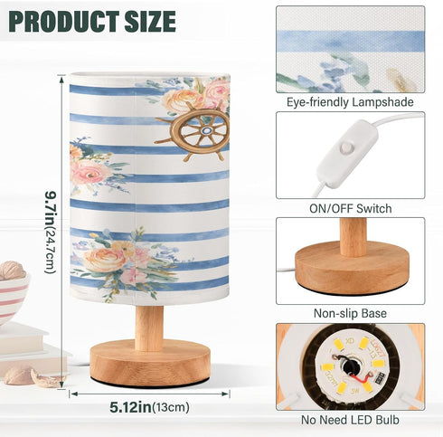 ALAZA Anchor Floral Blue Stripes Bedside Table Lamp with USB Port for Bedroom Nightstand Lamps Night Light Linen Fabric