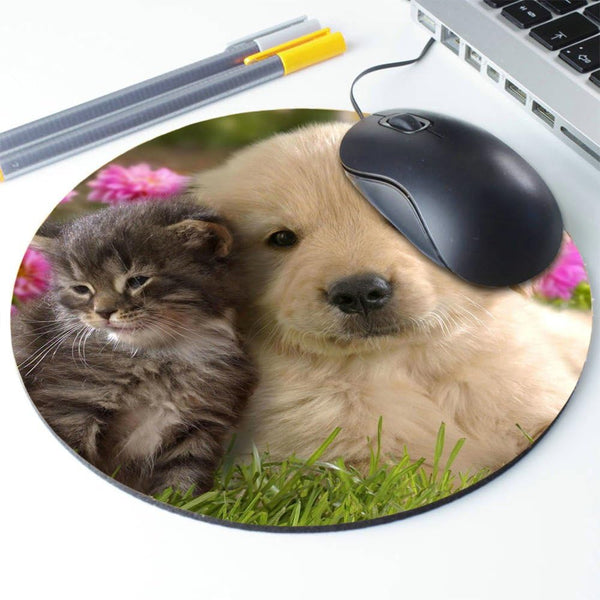 Custom Gaming Round Mouse Pad - Animals Cat Kitten Dog Golden Retriever Puppy