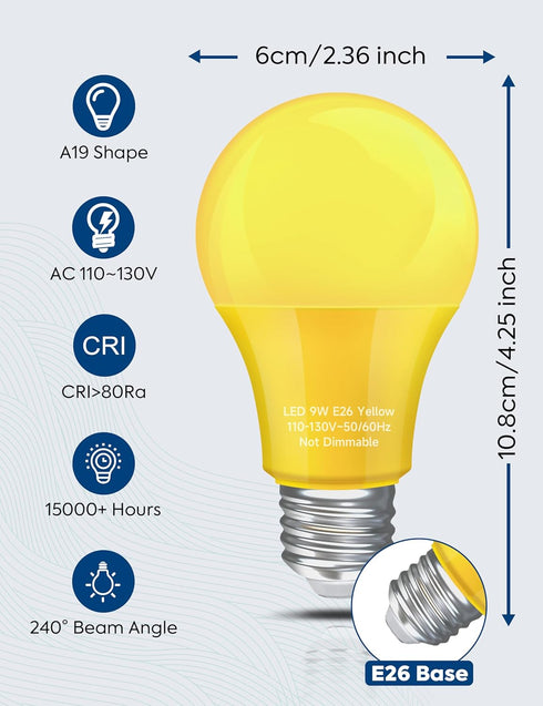 Yellow Bug Light Bulbs, A19 LED 9W, 60W to 100W Equivalent, Amber Yellow, E26 Base, Non-Dimmable, 4-Pack