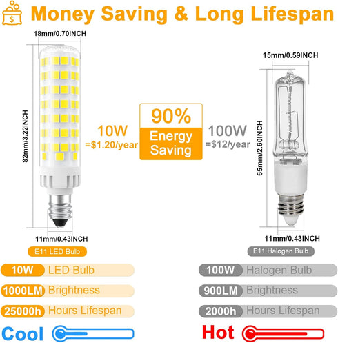 E11 Bulb Dimmable, JDE11 120V 100W T3 T4 6000K 10W 1000lm E11 Bulb Pack 4 Led Halogen Equivalent, Mini Candelabra Base