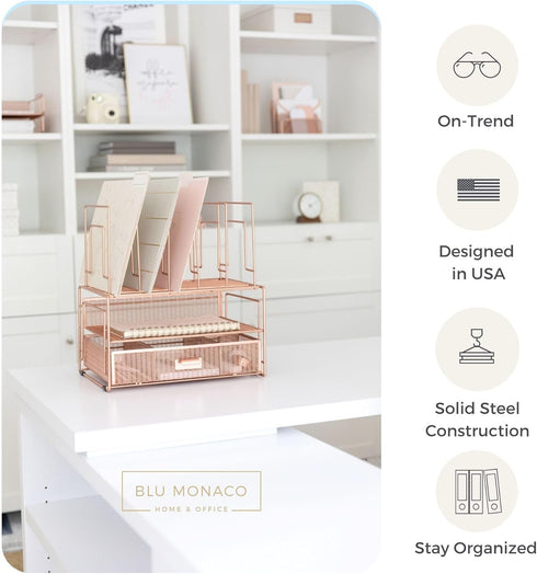 BLU MONACO Workspace Rose Gold Desk Organizer with File Sorters and Drawer for Office Supplies