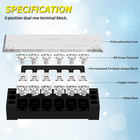 Joinfworld 35A Terminal Block, 6 Position Screw Terminal Strip with Cover & Pre-Insulated Terminal Jumper Block
