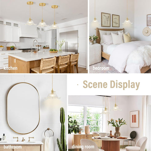 FONTA VERDE Vintage Pendant Lights Kitchen Island, Adjustable Brass Pendant Light Fixtures with Transparent Lily Glass