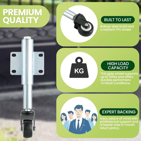 2" Spring Loaded Gate Caster, 2 PCS Heavy Duty Farm Gate Wheels with 4 Holes Mounting Plate, 110 Lbs Capacity