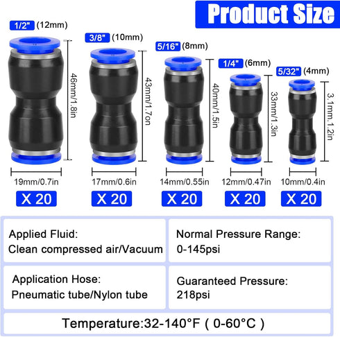 100 Pcs Quick Connect Air Hose Fittings, 5/32" 1/4" 5/16" 3/8" 1/2" Inch Straight Push Connectors, Quick Release Pneumatic Connectors Push-to-Connect Air Line Fittings Kit for 4 6 8 10 12 mm OD Tube