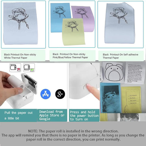 Mini Pocket Bluetooth Printer - Portable Thermal Printer with 13 Roll Papers for Journal/DIY