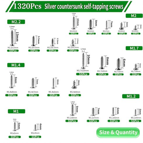 Flat Head Self Tapping Screws 1320Pcs Small Screws 304 Stainless Steel M1/1.2/1.4/1.7/2/2.2 Tiny Countersunk Cross Drive Head Electronic Screw 24 Kinds Micro Fastener Assortment Kit