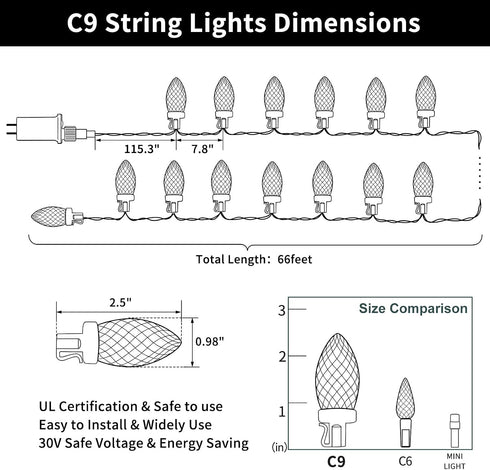 C9 66ft 100 C9 ZAIYW Christmas String Lights LED Strawberry Lights UL Plug String Lights Green Wire Waterproof