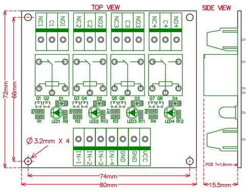 Electronics-Salon 4 SPDT 10Amp Power Relay Module, DC 12V Version