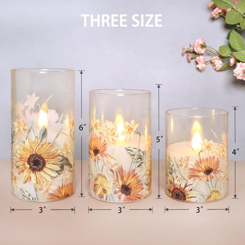 Summer Set 3 Sunflower Glass Flameless Candles Battery Operated with Remote Timer Flickering LED Pillar Candles Fall
