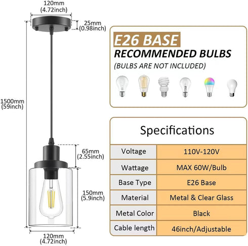 3-Pack Industrial Pendant Lights, Modern Clear Glass Shade Pendant Lighting, Black Pendant Light Fixtures Ceiling