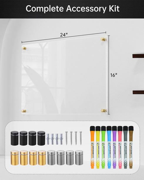Clear Acrylic Dry-Erase Board 24x16", Wall-Mount Writing Panel, Includes 8 Markers, Eraser, Install Kit for Home &