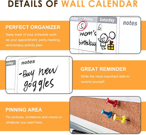 MAKELLO Dry Erase Calendar for Wall, Whiteboard Calendar with Cork Board for Office, Home, School, Family, Kitchen,