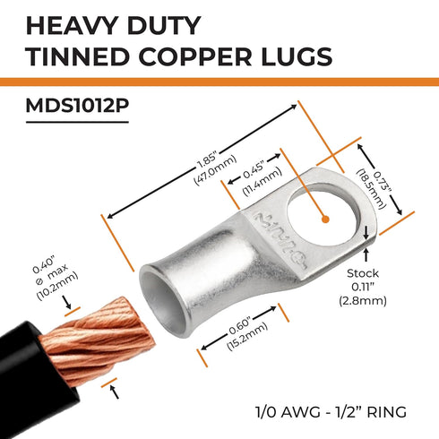 SELTERM 15pcs 1/0 AWG 1/2" Stud UL Marine Grade Battery Terminal Connectors - Tinned Copper Cable Lugs