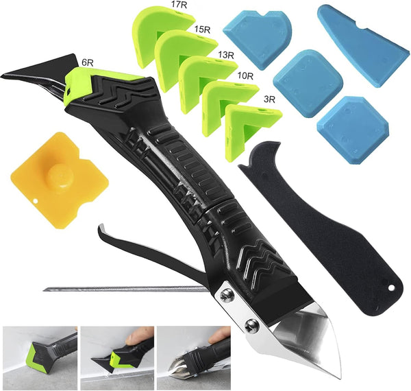 5 in 1 Caulking Tool, Silicone Grout Removal Tool, Sealant Finishing Tool with 6 Silicone Pads, Adhesive Scraper Kit