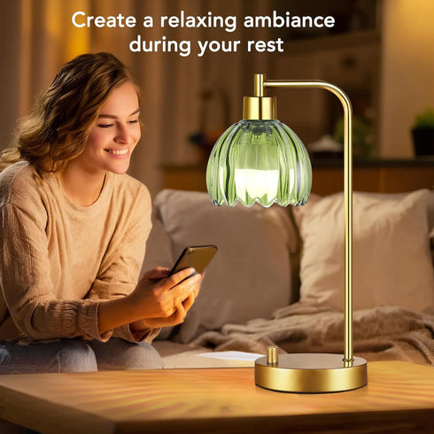 Set 2,Small Dimmable ILLMTW Green Table Lamp of Glass Bedside Lamps Boho Bedroom Lamp with Tulip Flower Lamp Shade,Gold